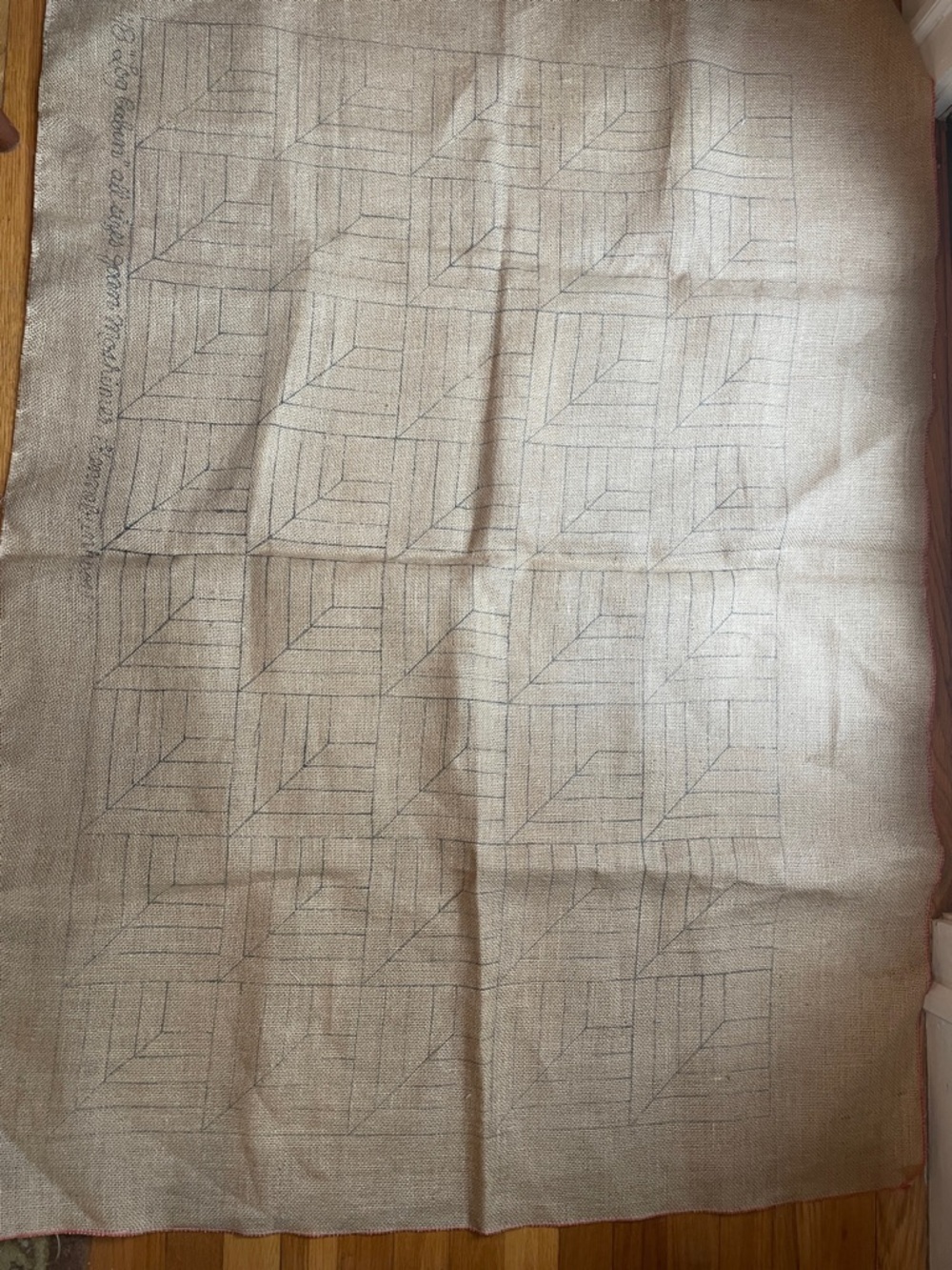 Vintage Joan Moshiner Log Cabin Hooked Rug Pattern in Burlap - very Nice!